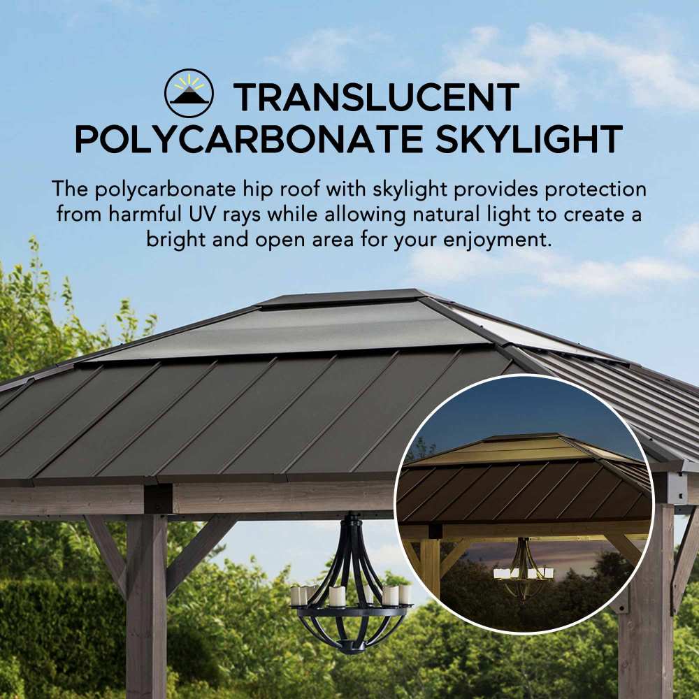 SUNJOY 13x15 Wooden Frame Gazebo with Hip Roof and Ceiling Hook.