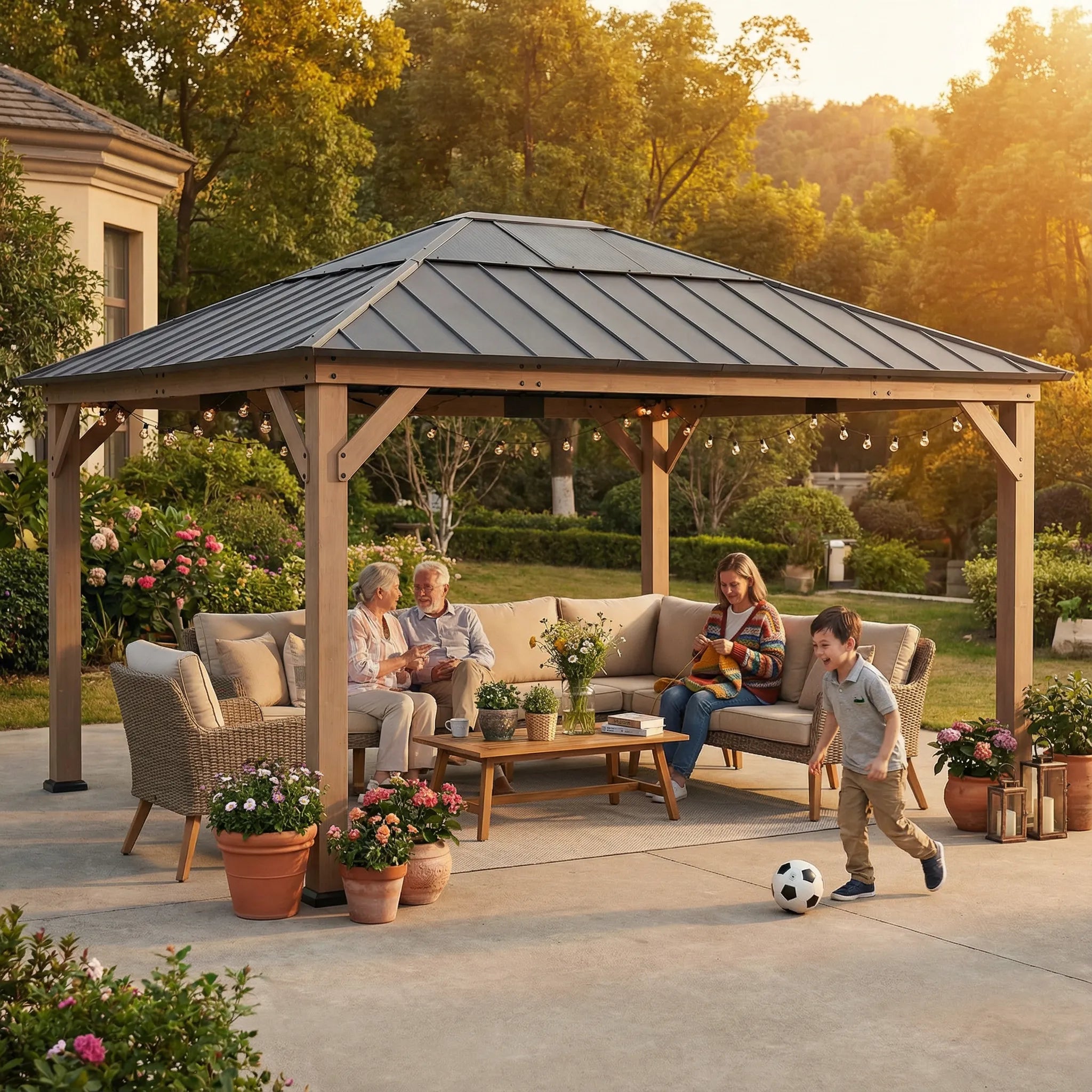 SUNJOY 13x15 Brown Steel Roof Wooden Gazebo with Translucent Skylight - Dark Wood Cedar