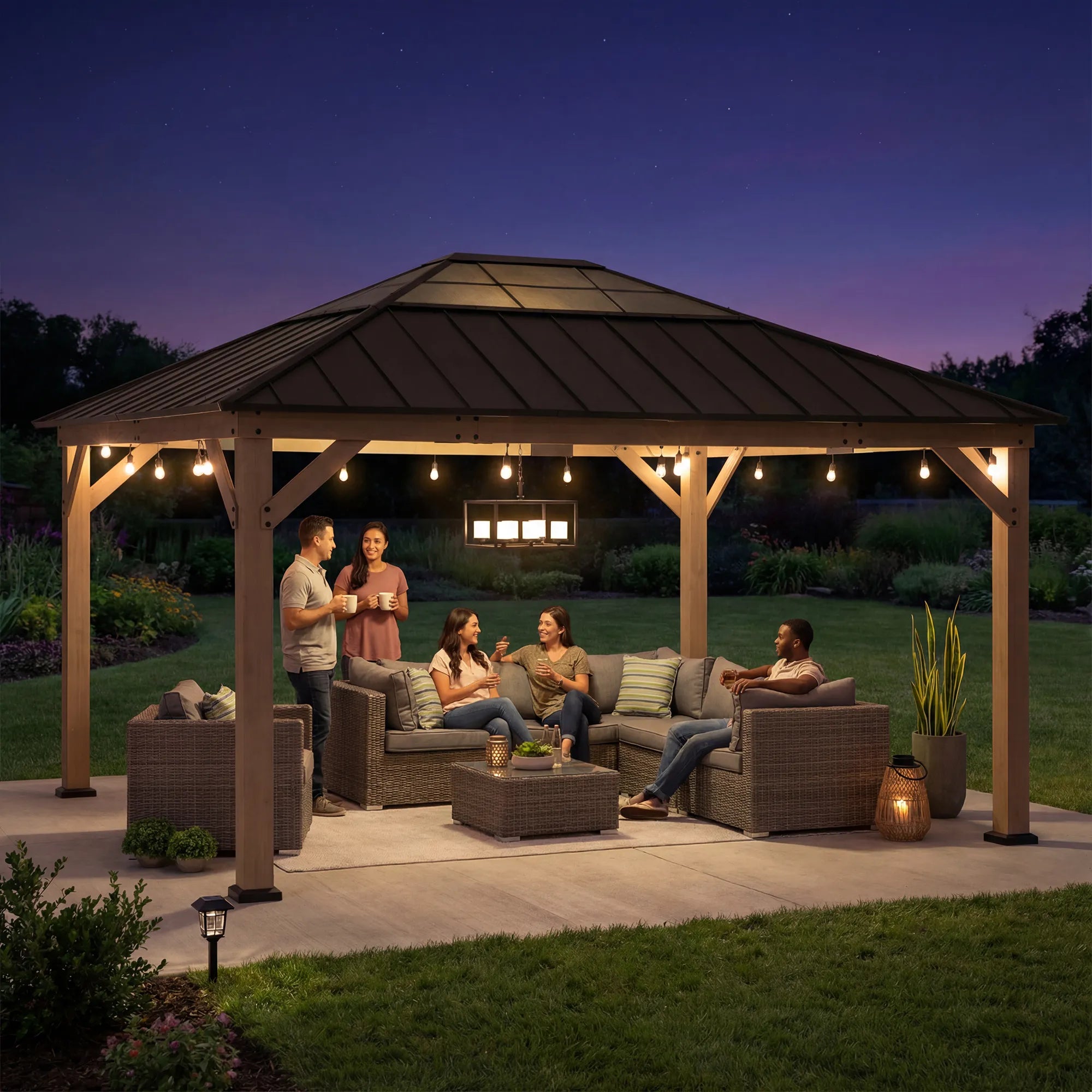 SUNJOY 13x15 Brown Steel Roof Wooden Gazebo with Translucent Skylight - Dark Wood Cedar