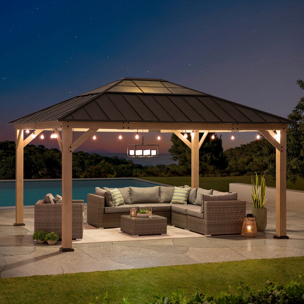 SUNJOY 13x15 Wooden Gazebo with Translucent Skylight and Ceiling Hook