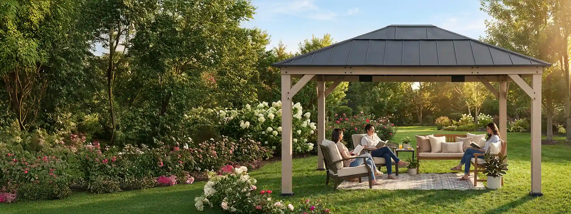 SUNJOY 13x15 Wooden Gazebo with Translucent Skylight and Ceiling Hook - Weathered Cedar