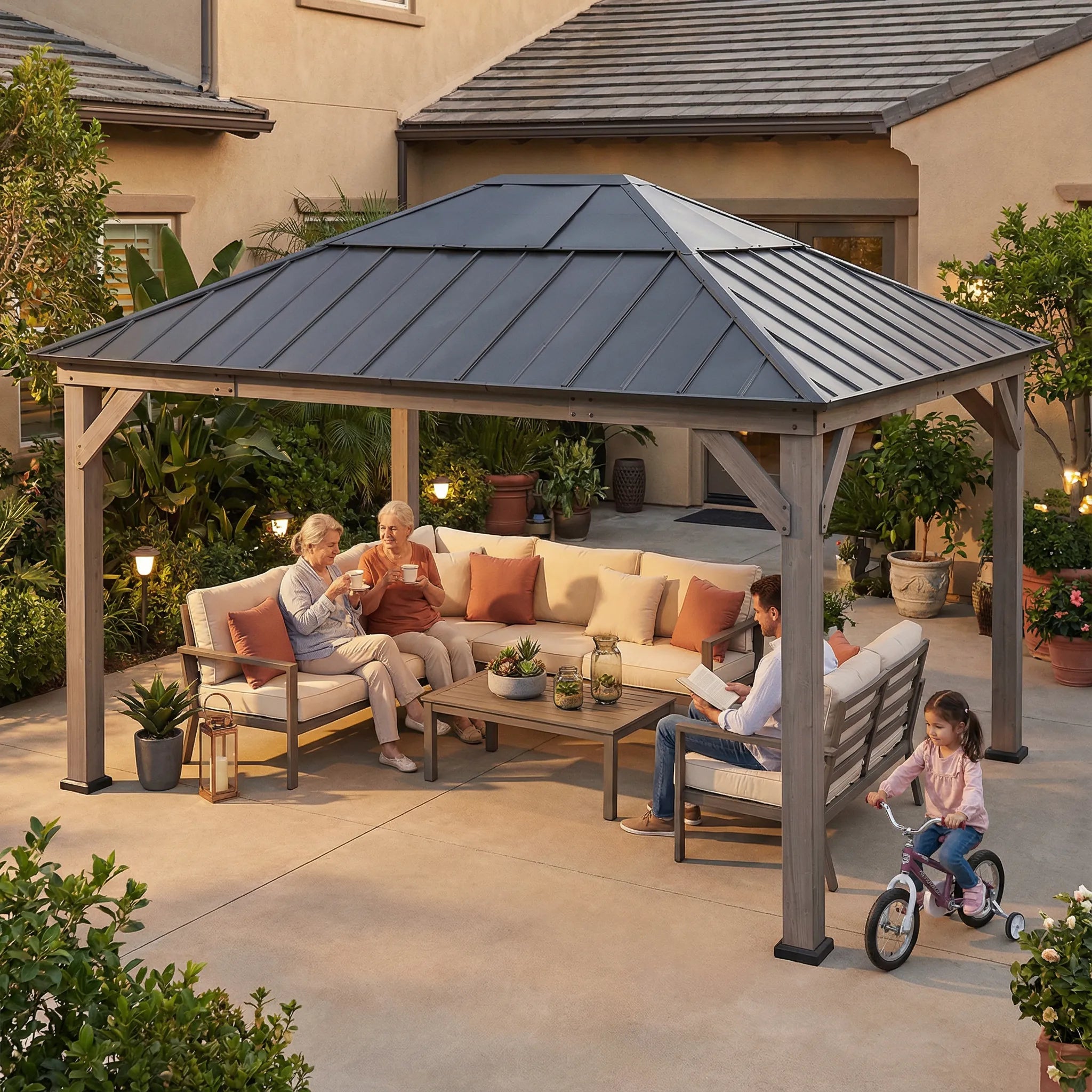 SUNJOY 13x15 Black Steel Roof Wooden Gazebo with Translucent Skylight - Burly Wood Cedar