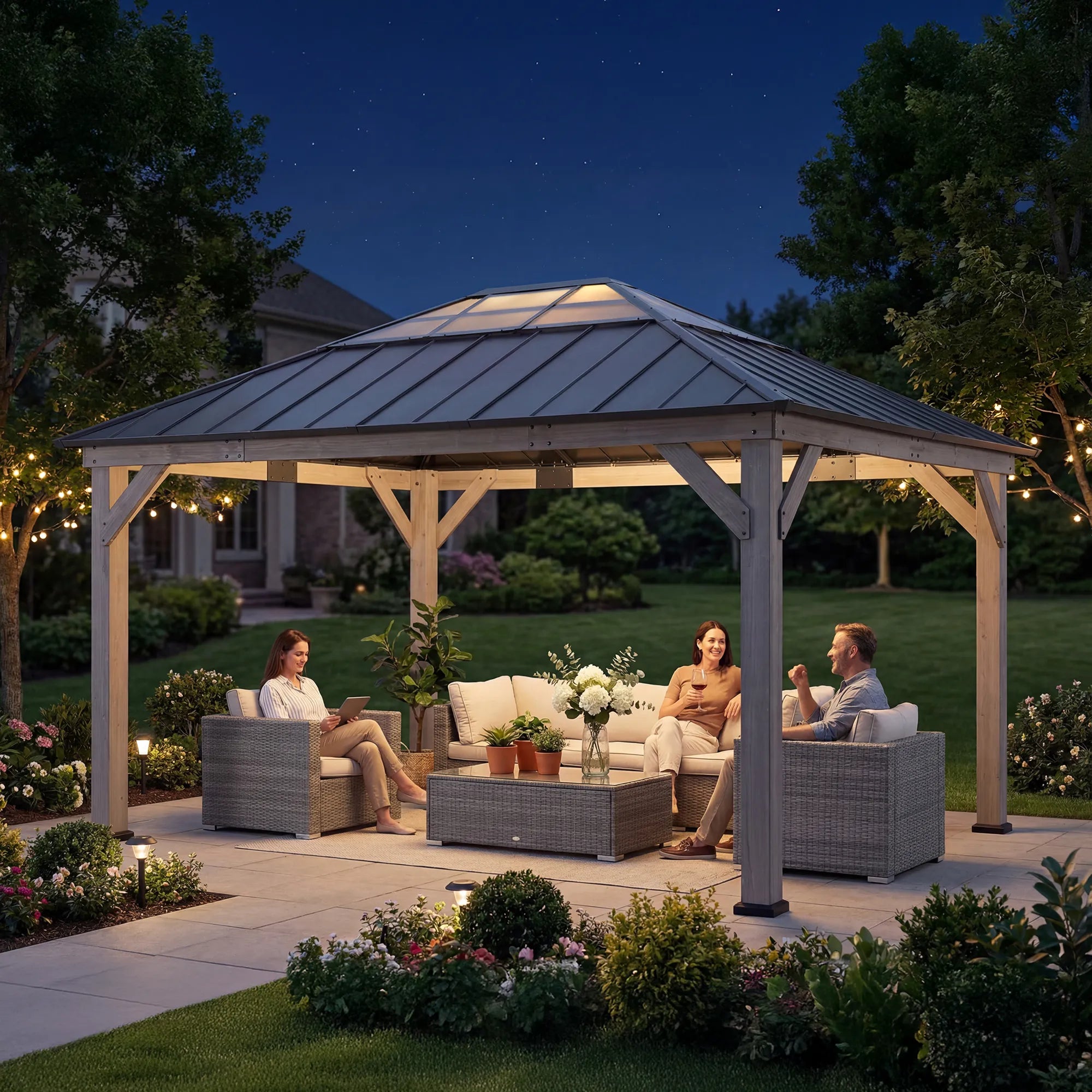 SUNJOY 13x15 Black Steel Roof Wooden Gazebo with Translucent Skylight - Burly Wood Cedar