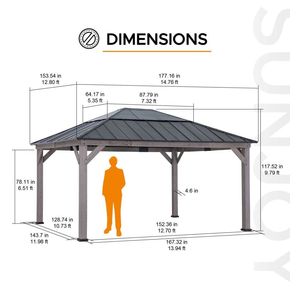 SUNJOY 13x15 Wooden Gazebo with Translucent Skylight and Ceiling Hook.