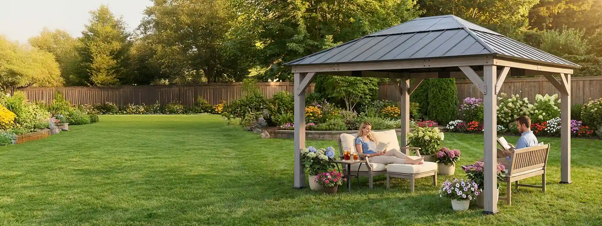 SUNJOY 13x15 Wooden Gazebo with Translucent Skylight and Ceiling Hook - Driftwood Cedar