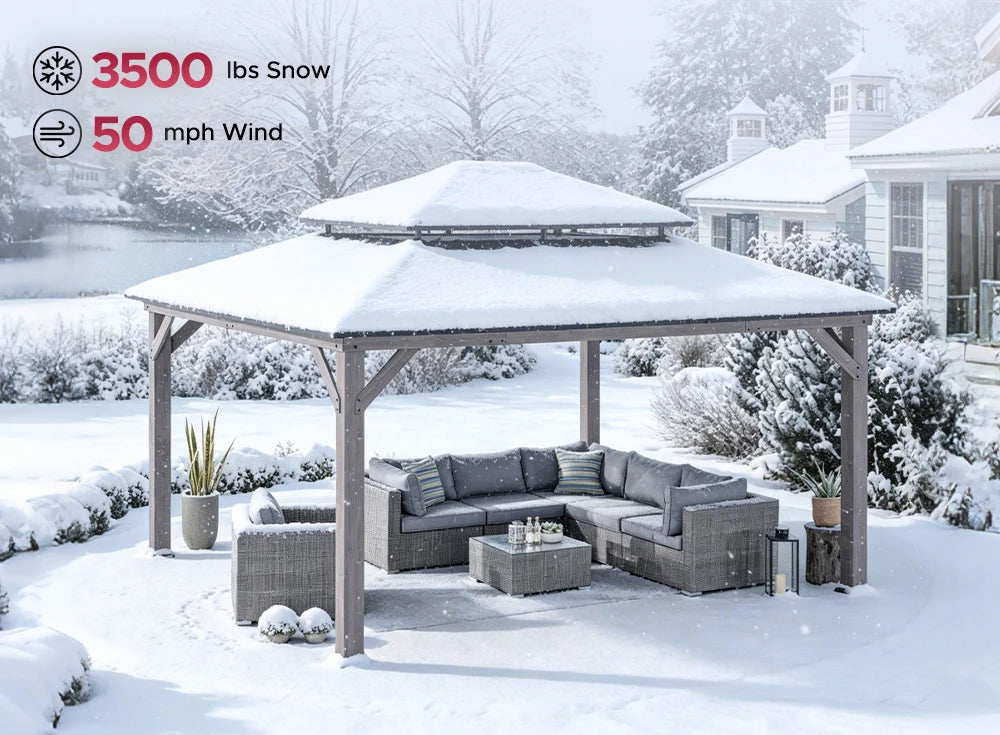 SUNJOY 13x15 Wooden Backyard Gazebo with Ceiling Hook - Driftwood Cedar