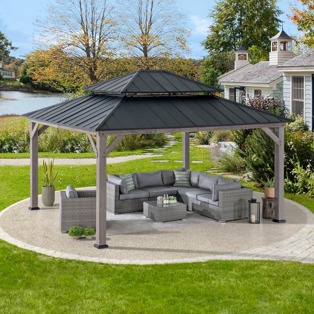 SUNJOY 13x15 Wooden Backyard Gazebo with Ceiling Hook - Driftwood Cedar