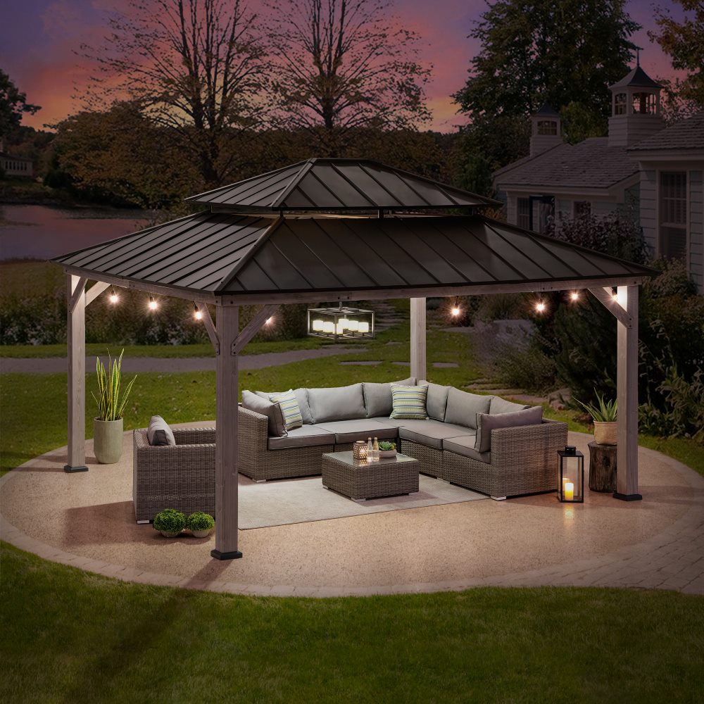SUNJOY 13x15 Wooden Backyard Gazebo with Ceiling Hook.