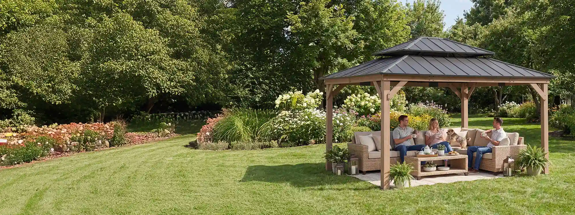 SUNJOY 13x15 Wooden Backyard Gazebo with Ceiling Hook - Weathered Cedar