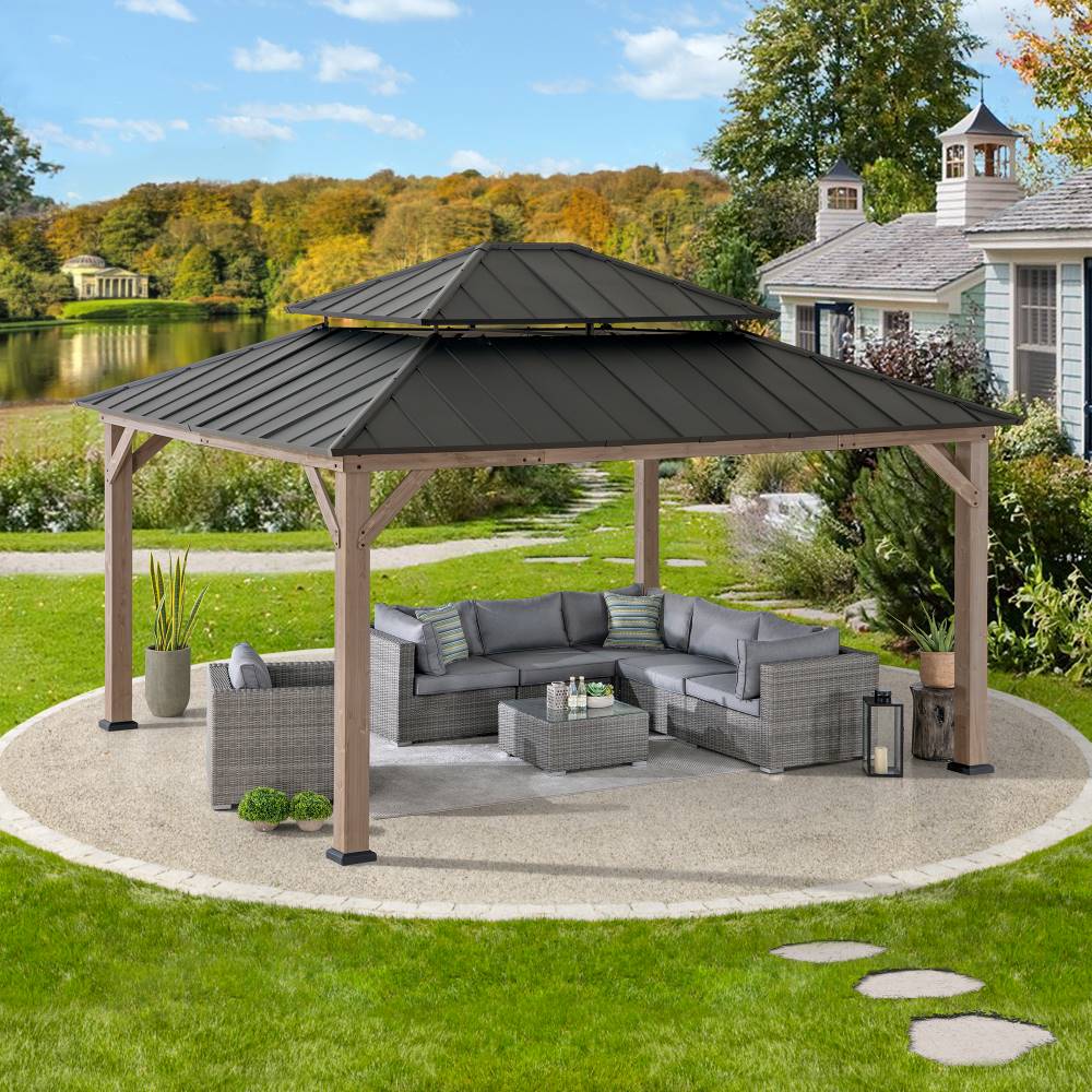 SUNJOY 13x15 Wooden Backyard Gazebo with Ceiling Hook.