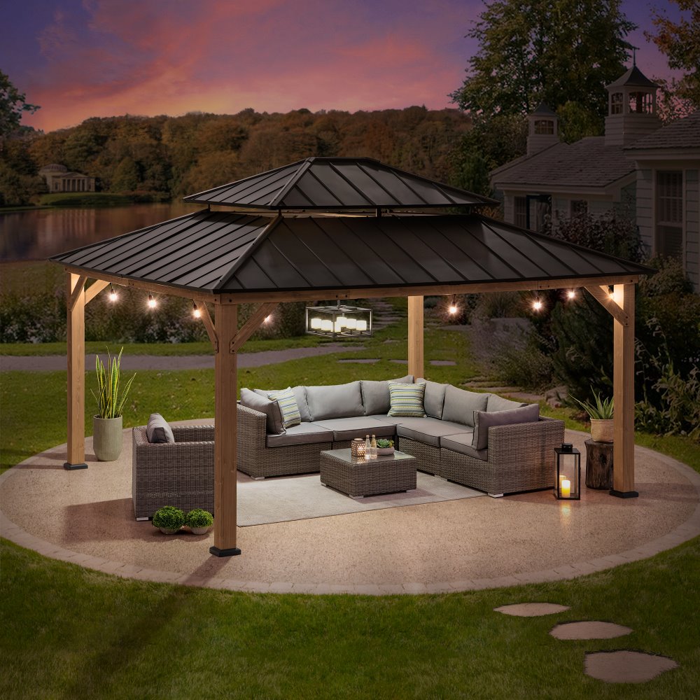 SUNJOY 13x15 Wooden Backyard Gazebo with Ceiling Hook.