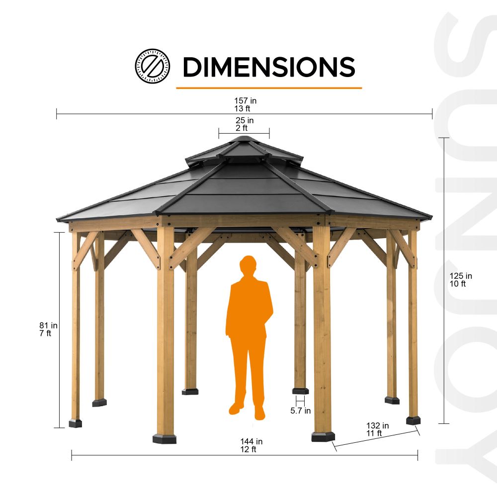 SUNJOY 13x13 Octagon Wood Patio Gazebo with Black Steel Roof and Ceiling Hook