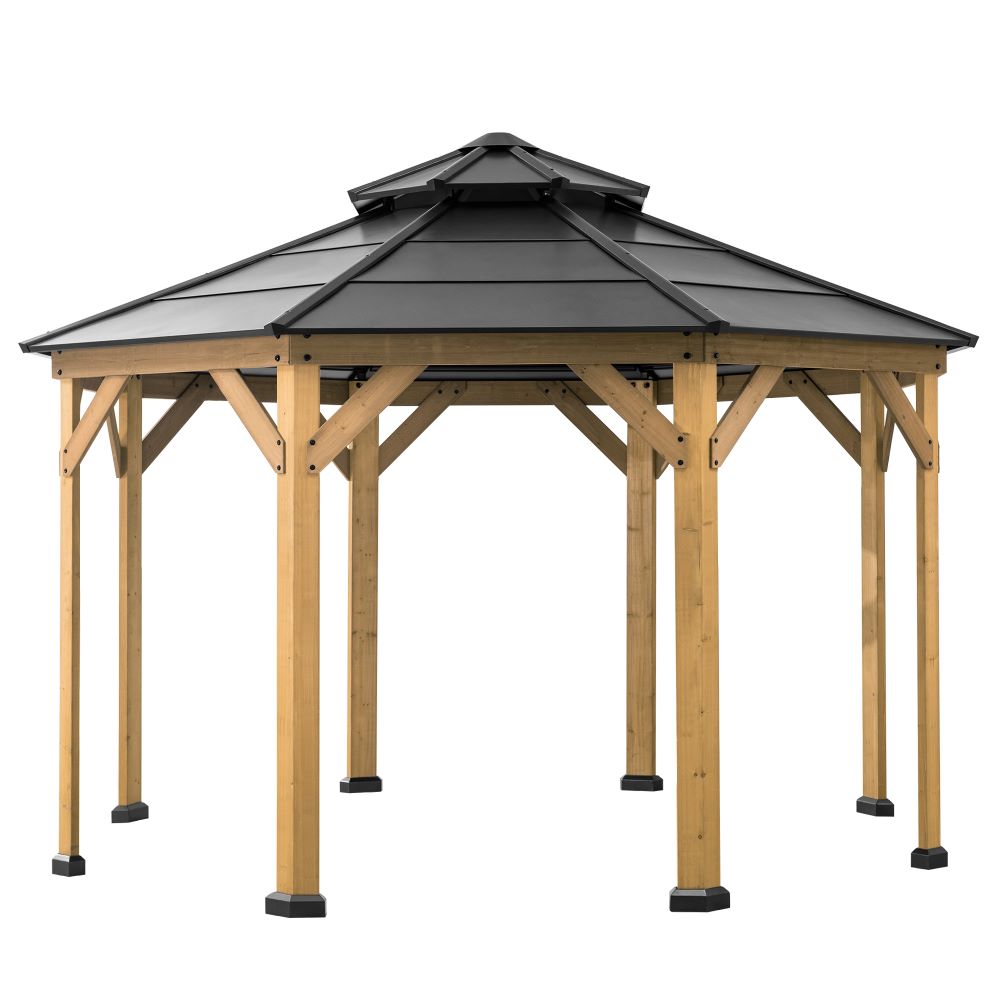 SUNJOY 13x13 Octagon Wood Patio Gazebo with Black Steel Roof and Ceiling Hook