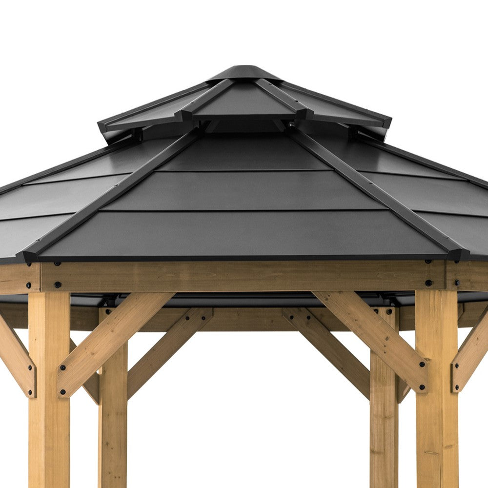 SUNJOY 13x13 Octagon Wood Patio Gazebo with Black Steel Roof and Ceiling Hook