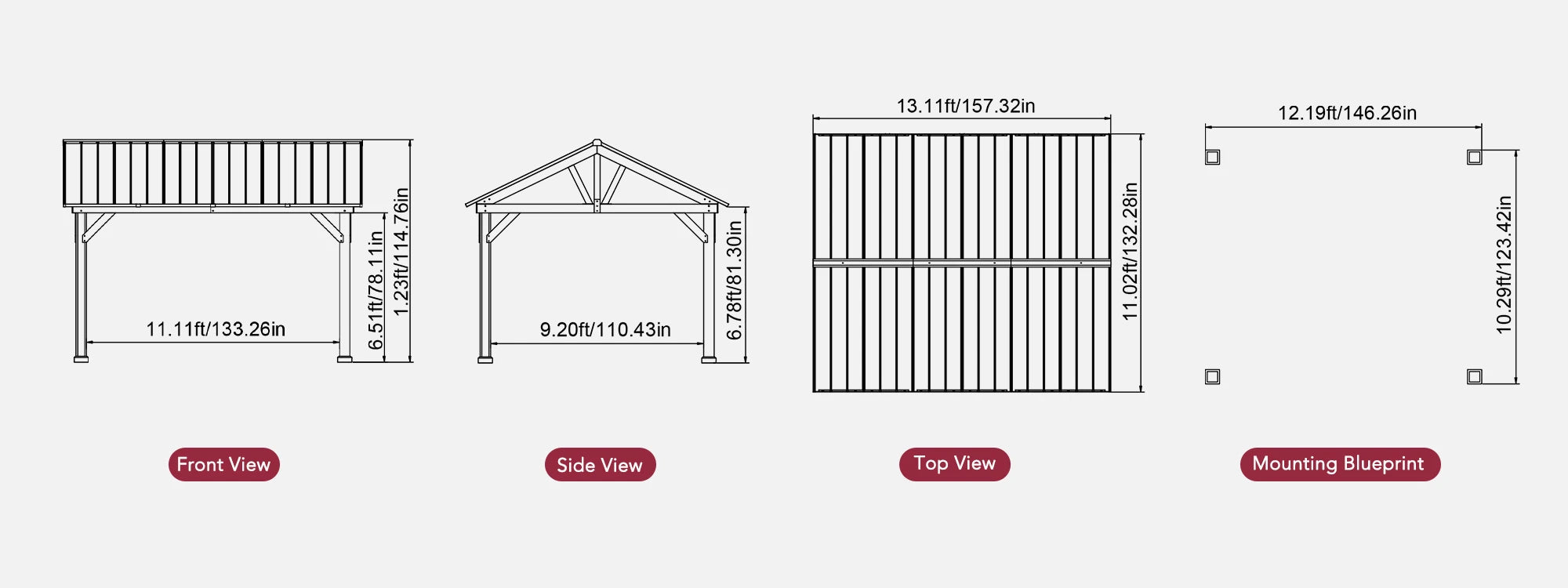 SUNJOY 11x13 Wooden Frame Gable Roof Gazebo with Ceiling Hook - Black