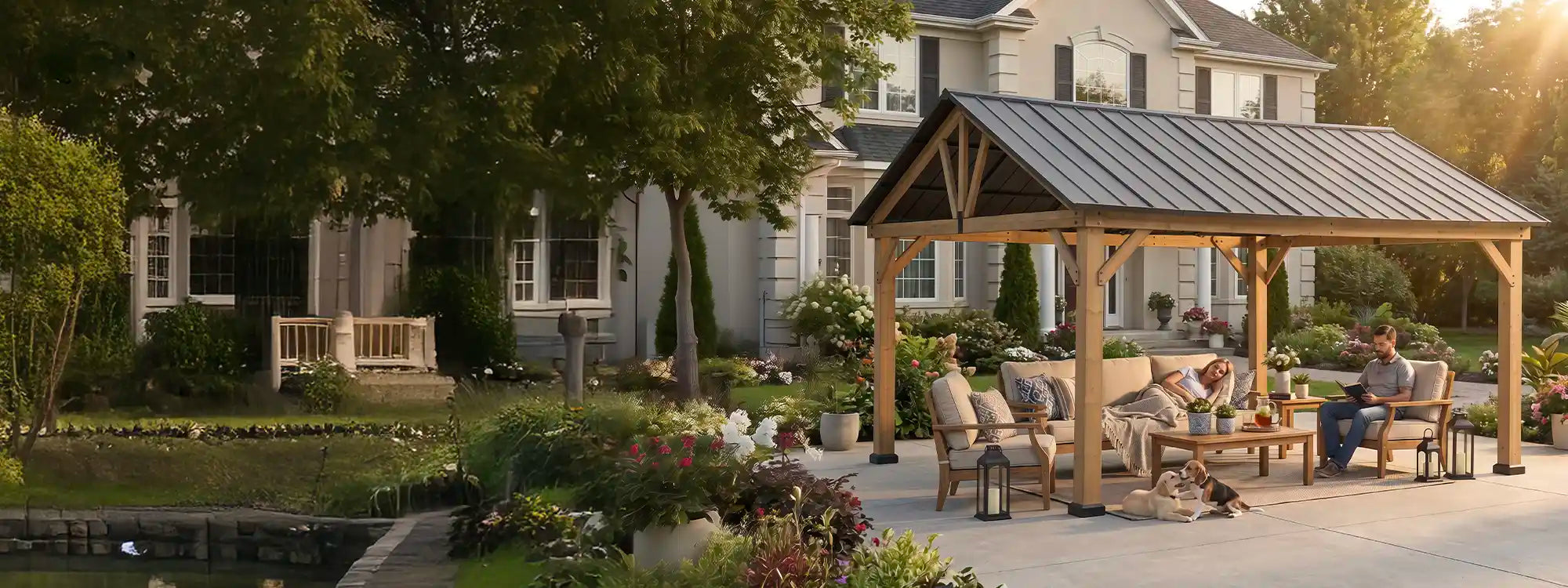 SUNJOY 11x13 Wooden Frame Gable Roof Gazebo with Ceiling Hook - Black