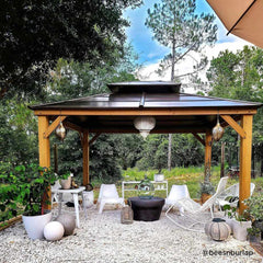 Sunjoy Outdoor Patio 11x13 Brown 2-Tier Wooden Frame Backyard Hardtop Gazebo with Ceiling Hook.
