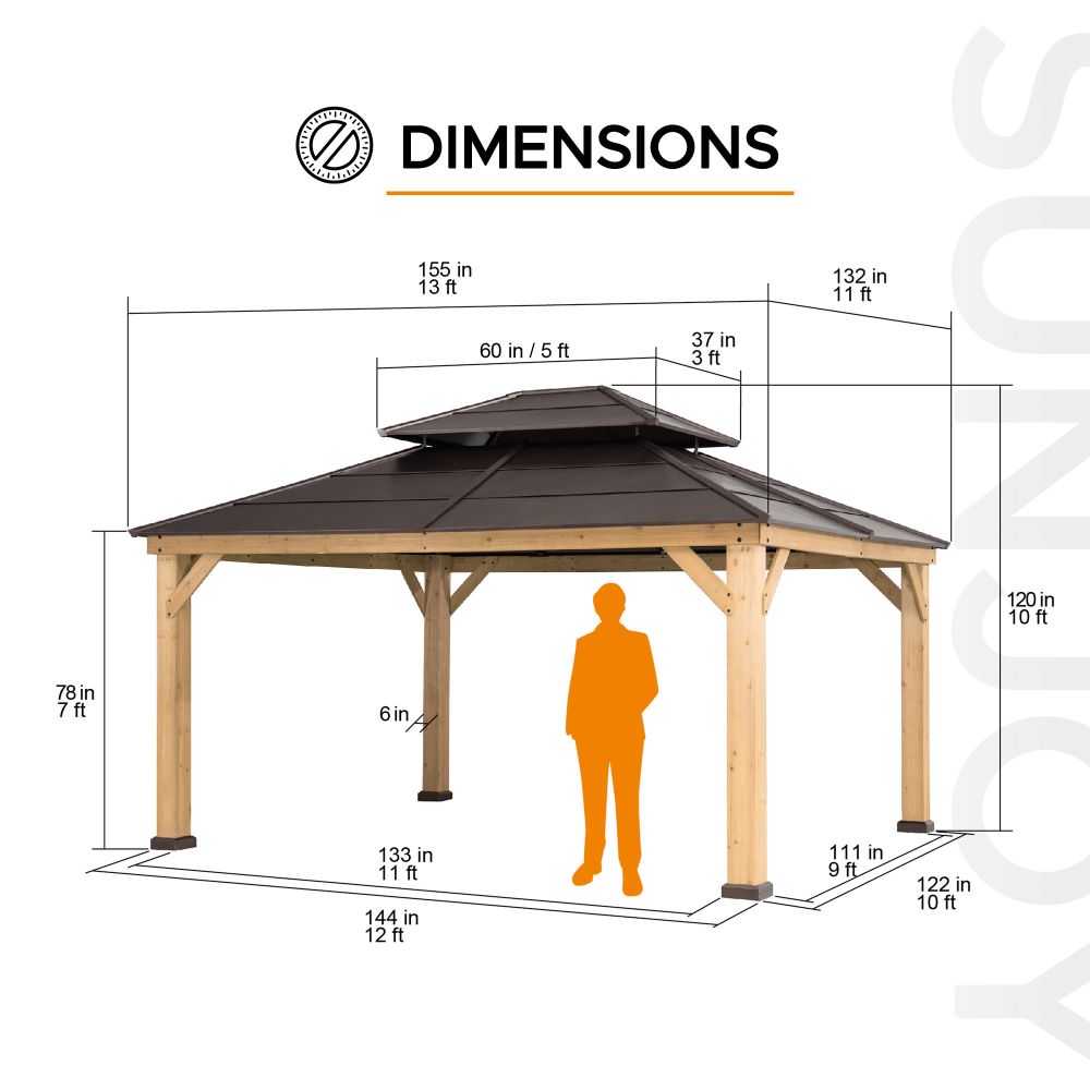 SUNJOY 11x13 Brown Wooden Gazebo with Ceiling Hook