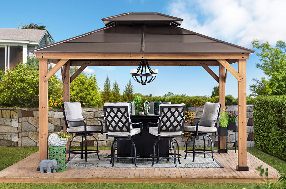 SUNJOY 11x13 Brown Wooden Gazebo with Ceiling Hook