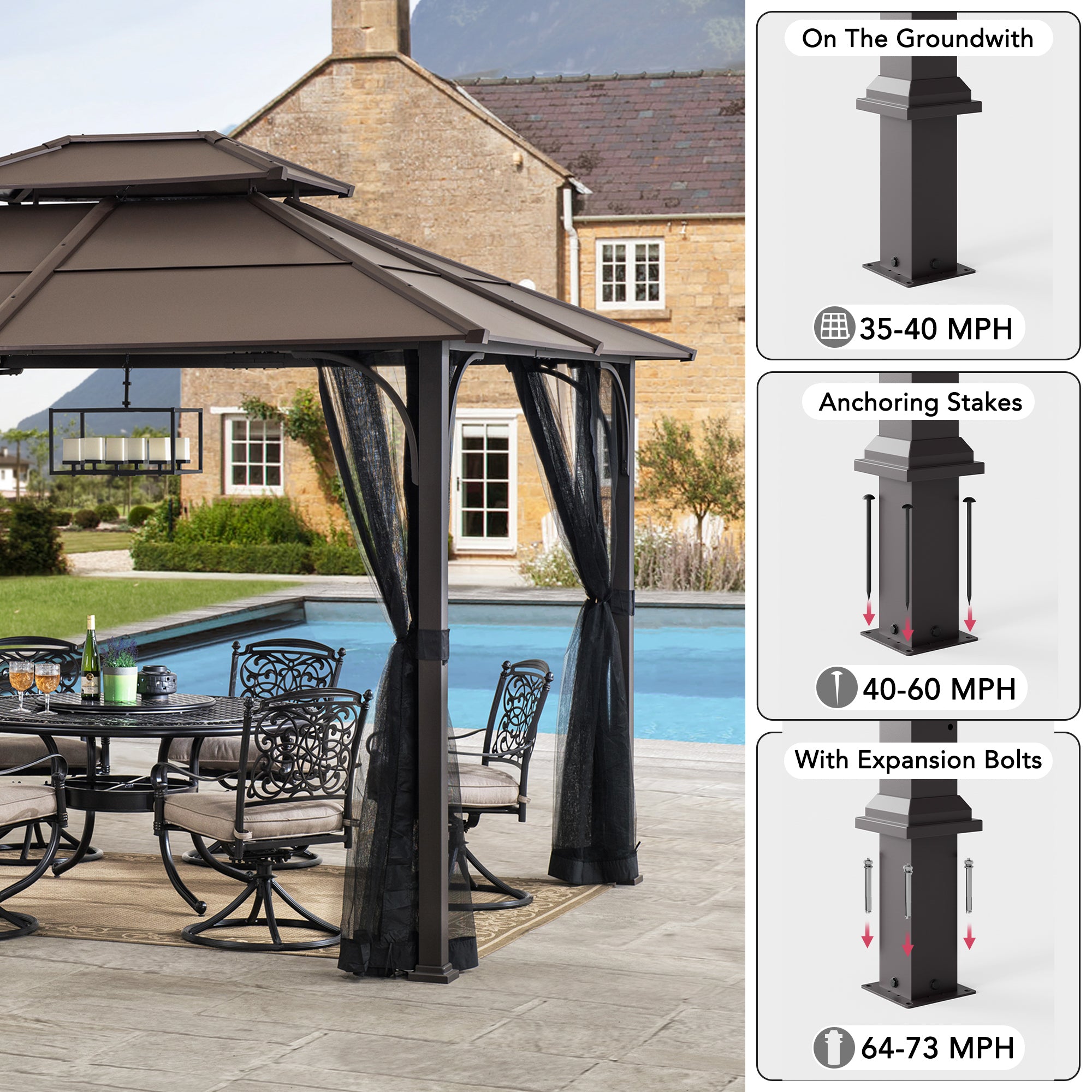 SUNJOY 10x12 Metal Hardtop Gazebo with Netting and Ceiling Hook