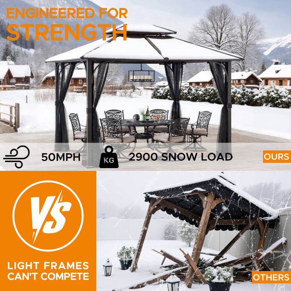 SUNJOY 10x12 Metal Hardtop Gazebo with Netting and Ceiling Hook