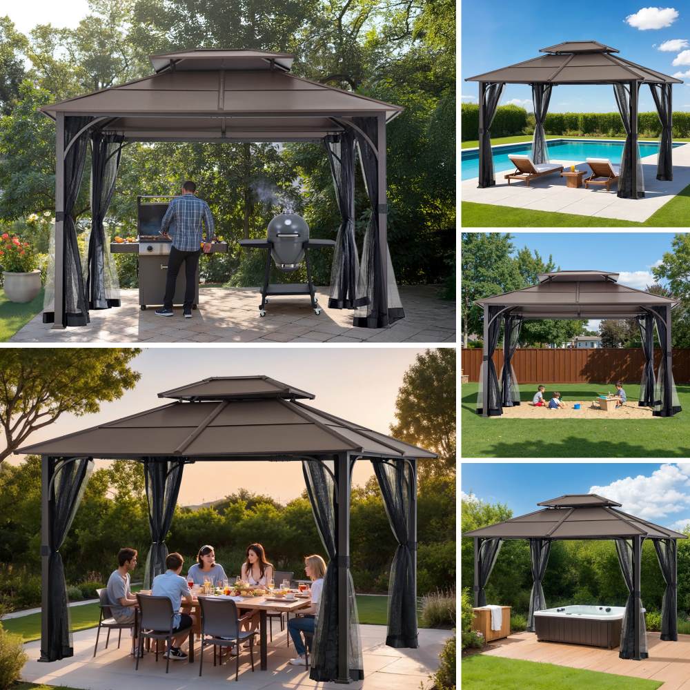 SUNJOY 10x12 Metal Hardtop Gazebo with Netting and Ceiling Hook