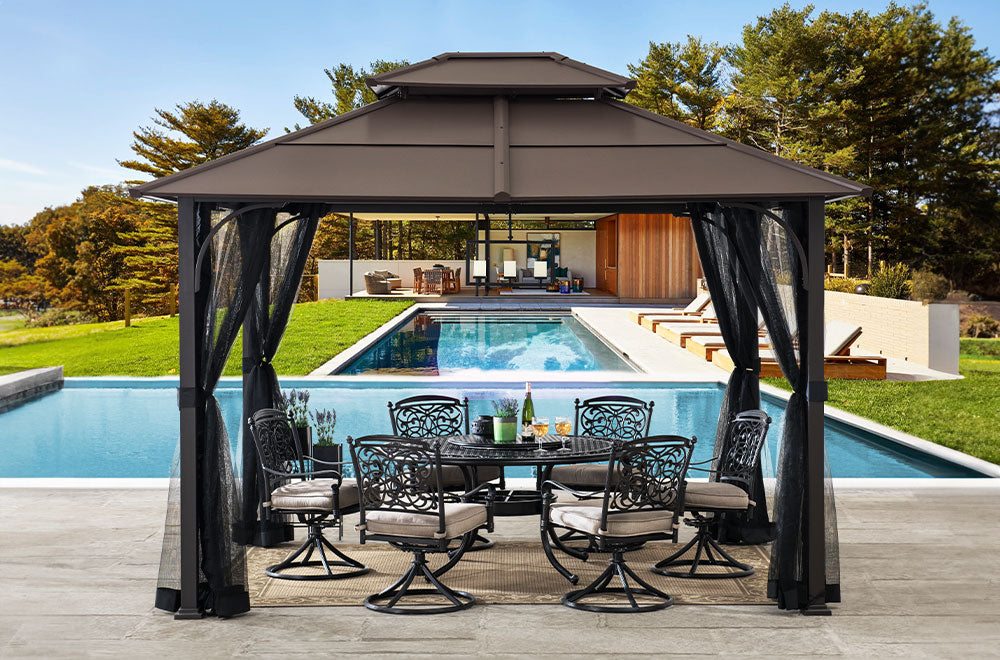 SUNJOY 10x12 Metal Hardtop Gazebo with Netting and Ceiling Hook