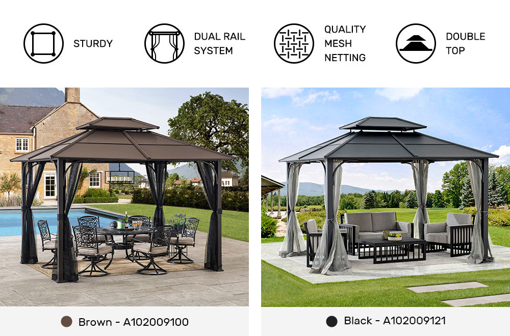 SUNJOY 10x12 Metal Hardtop Gazebo with Netting and Ceiling Hook