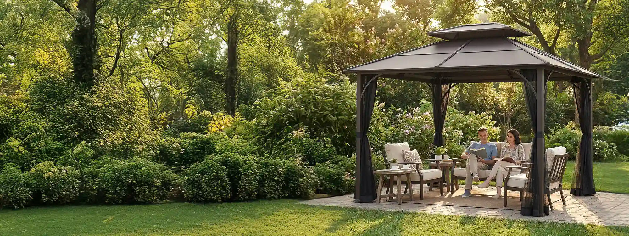 SUNJOY 10x12 Metal Hardtop Gazebo with Netting and Ceiling Hook