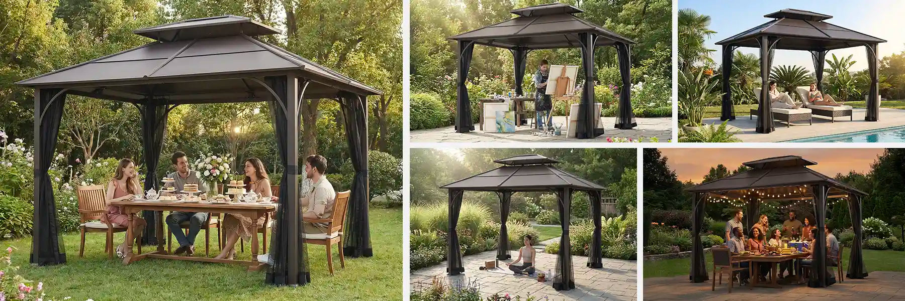 SUNJOY 10x12 Metal Hardtop Gazebo with Netting and Ceiling Hook