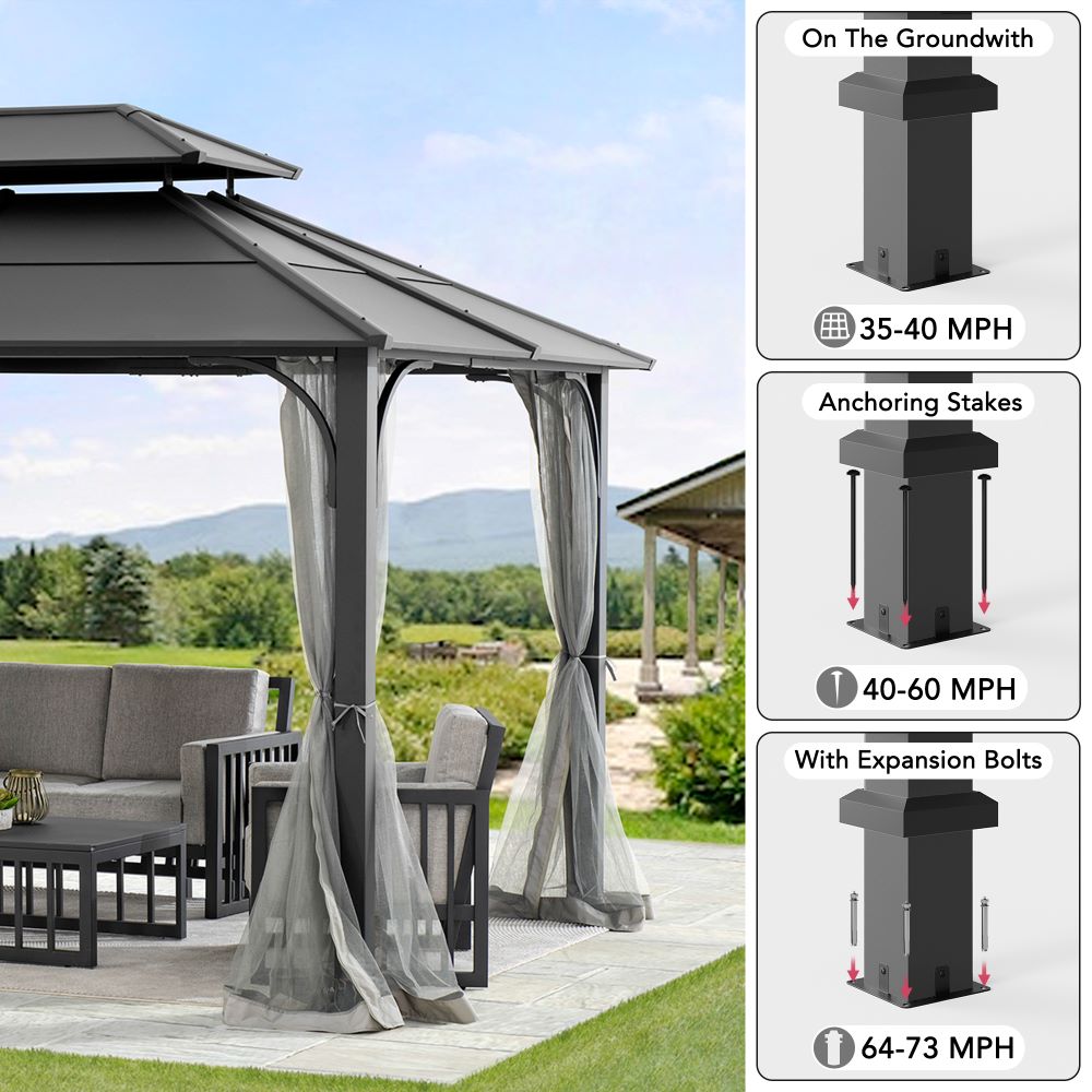 SUNJOY 10x12 Metal Hardtop Gazebo with Netting and Ceiling Hook -Black