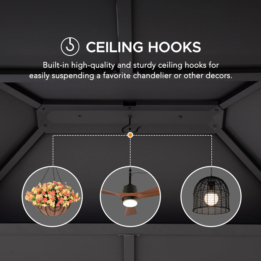 SUNJOY 10x12 Metal Hardtop Gazebo with Netting and Ceiling Hook -Black