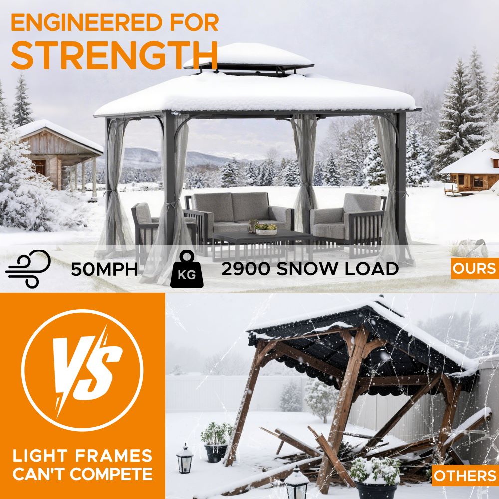 SUNJOY 10x12 Metal Hardtop Gazebo with Netting and Ceiling Hook -Black