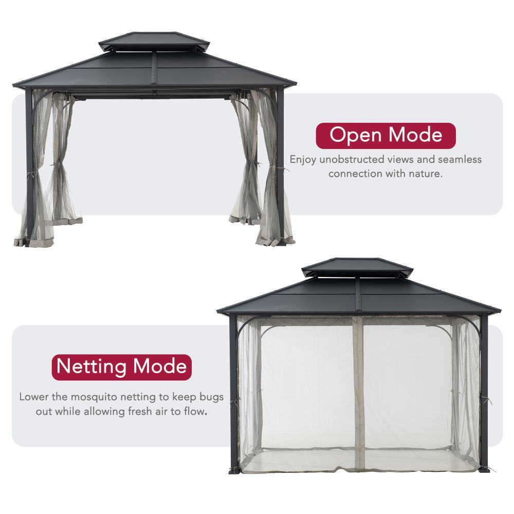 SUNJOY 10x12 Metal Hardtop Gazebo with Netting and Ceiling Hook -Black