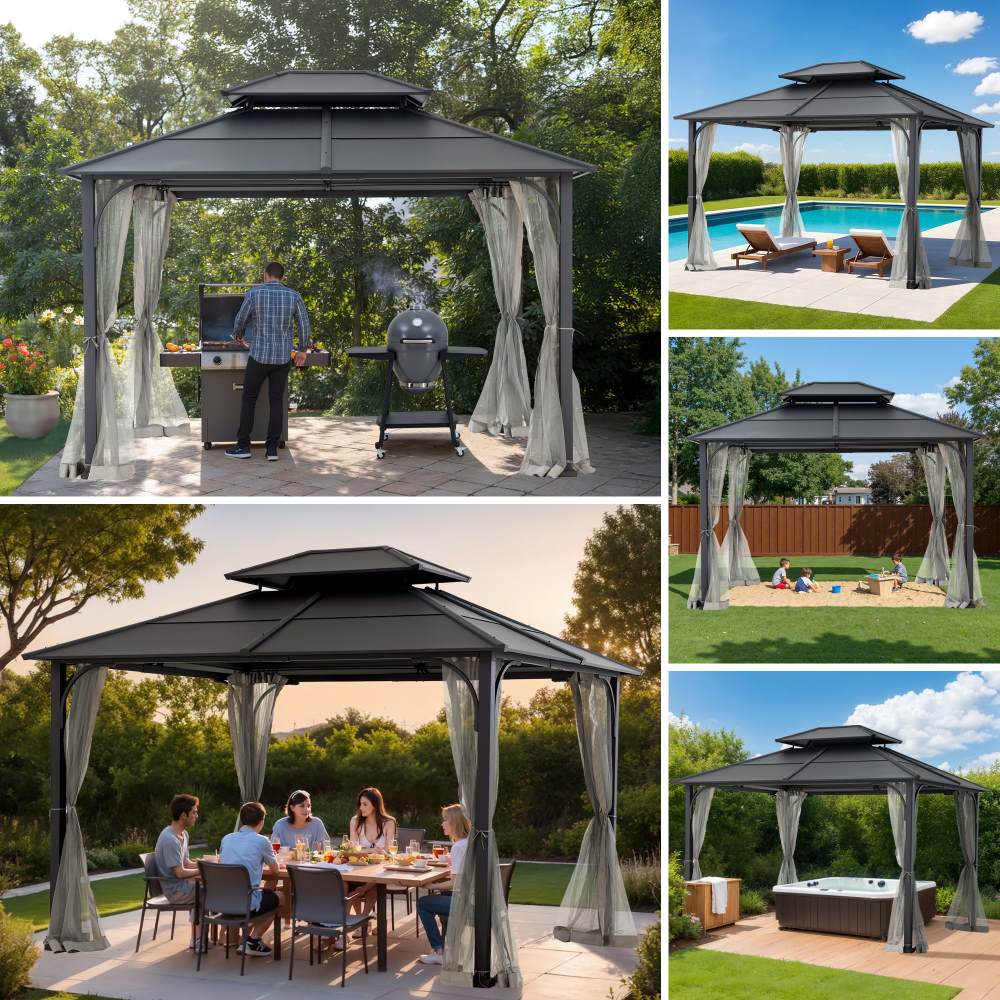 SUNJOY 10x12 Metal Hardtop Gazebo with Netting and Ceiling Hook -Black