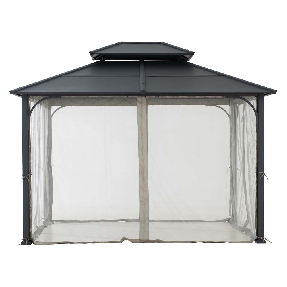 Sunjoy Outdoor Patio 10x12 2-Tier Steel Backyard Hardtop Gazebo with Metal Ceiling Hook and Netting.