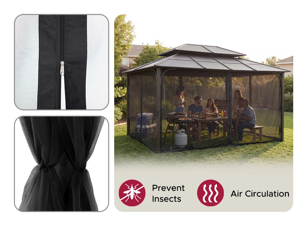 SUNJOY 12x16 Hard Top Gazebo with Steel Roof, Ceiling Hook, and Netting - Brown
