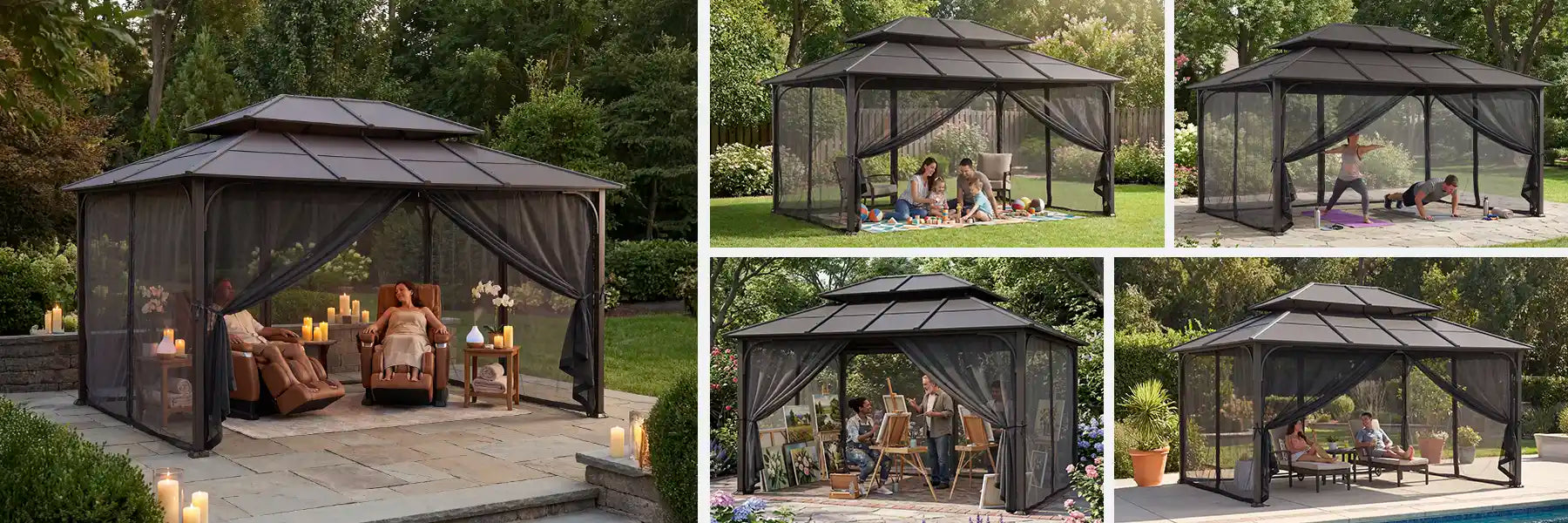 SUNJOY 12x16 Hard Top Gazebo with Steel Roof, Ceiling Hook, and Netting - Brown
