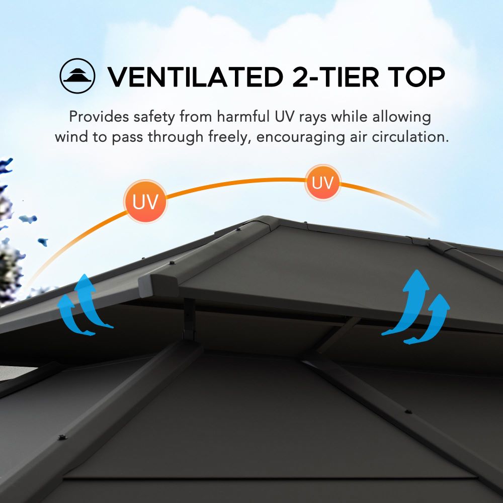 SUNJOY 12x16 Hard Top Gazebo with Steel Roof, Ceiling Hook, and Netting.