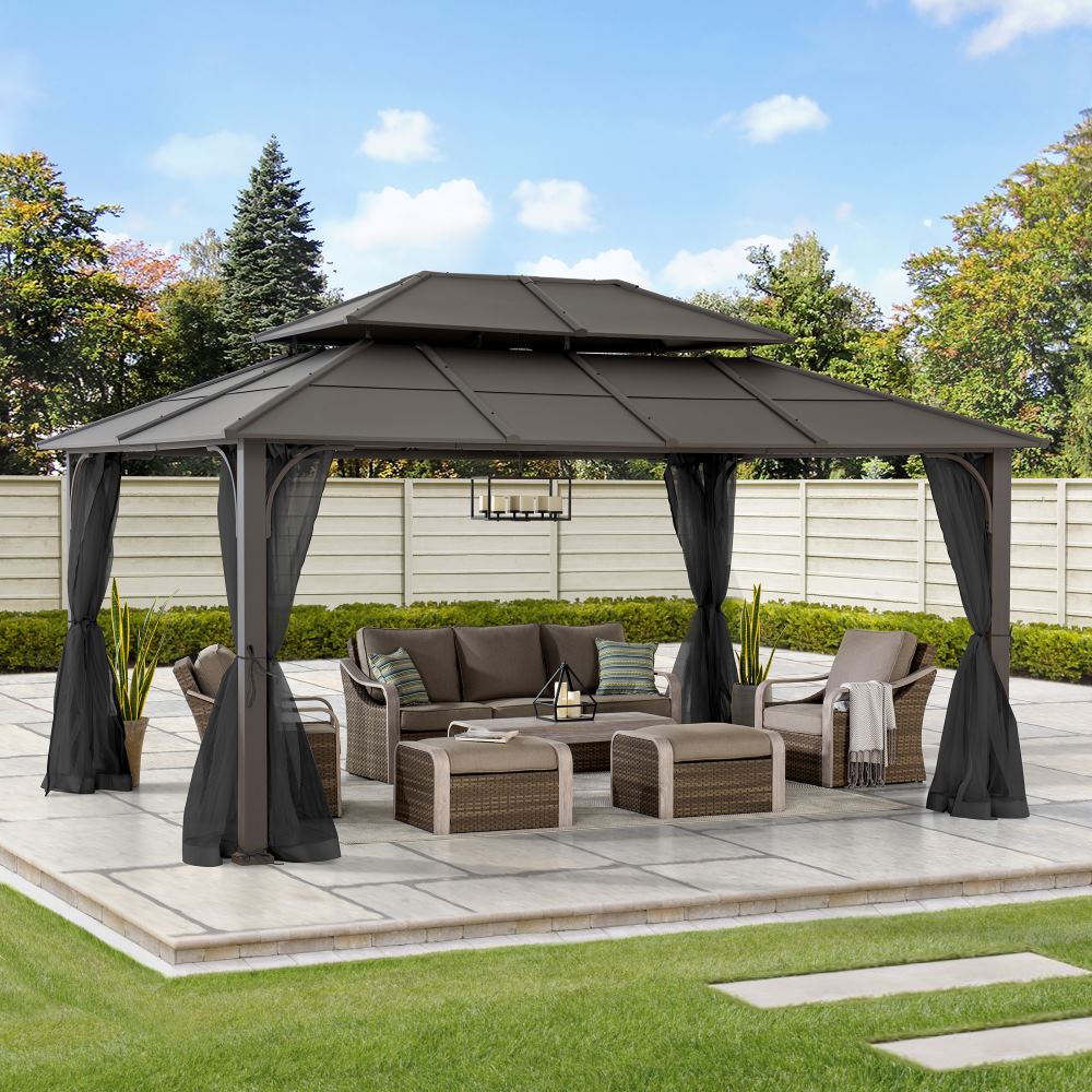 SUNJOY 12x16 Hard Top Gazebo with Steel Roof, Ceiling Hook, and Netting.