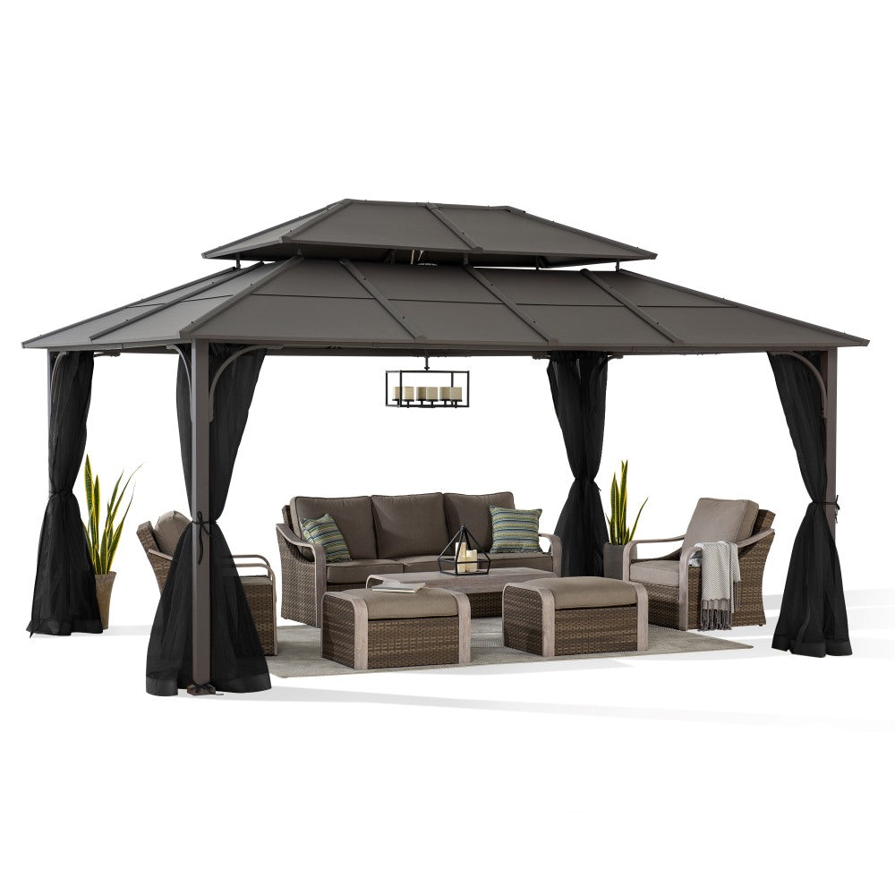 SUNJOY 12x16 Hard Top Gazebo with Steel Roof, Ceiling Hook, and Netting.