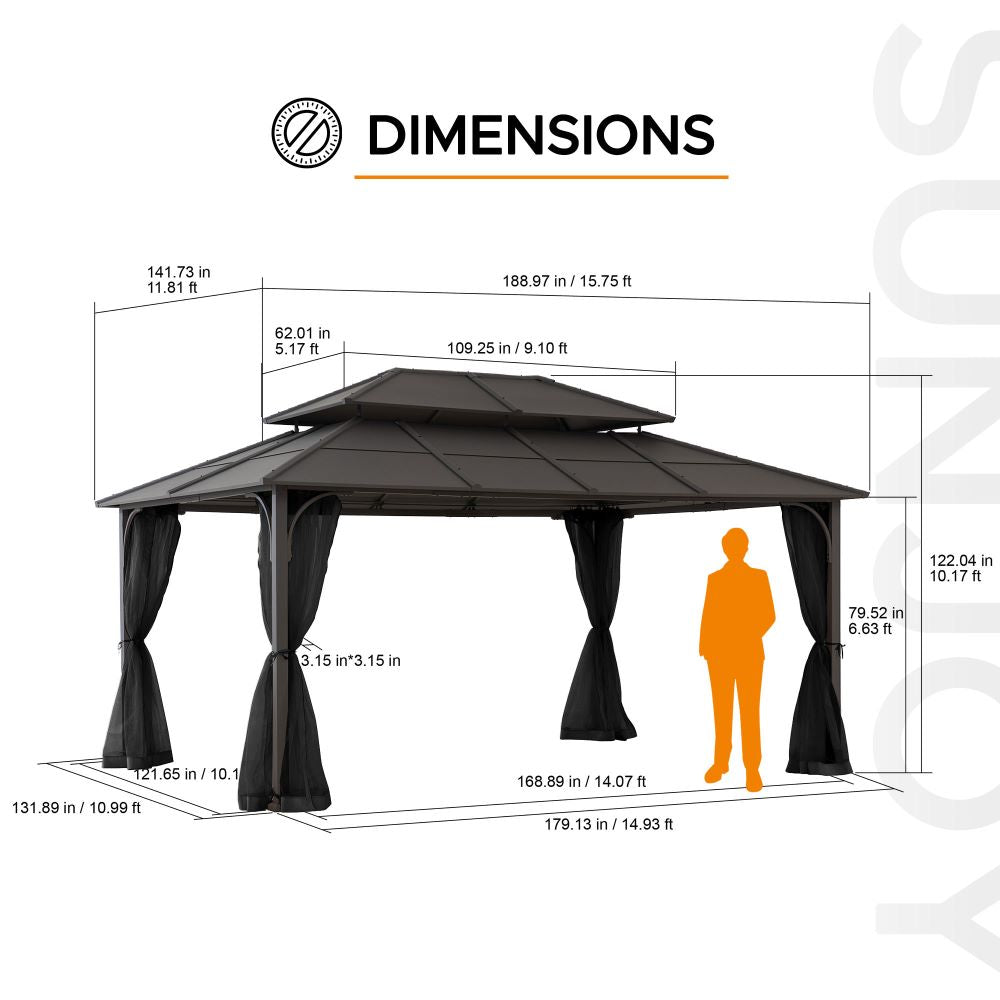 SUNJOY 12x16 Hard Top Gazebo with Steel Roof, Ceiling Hook, and Netting.