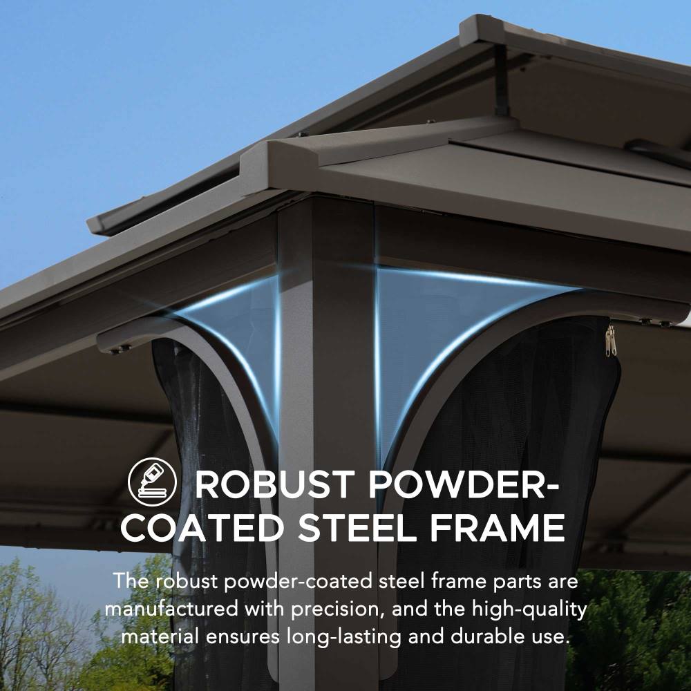 SUNJOY 12x16 Hard Top Gazebo with Steel Roof, Ceiling Hook, and Netting.