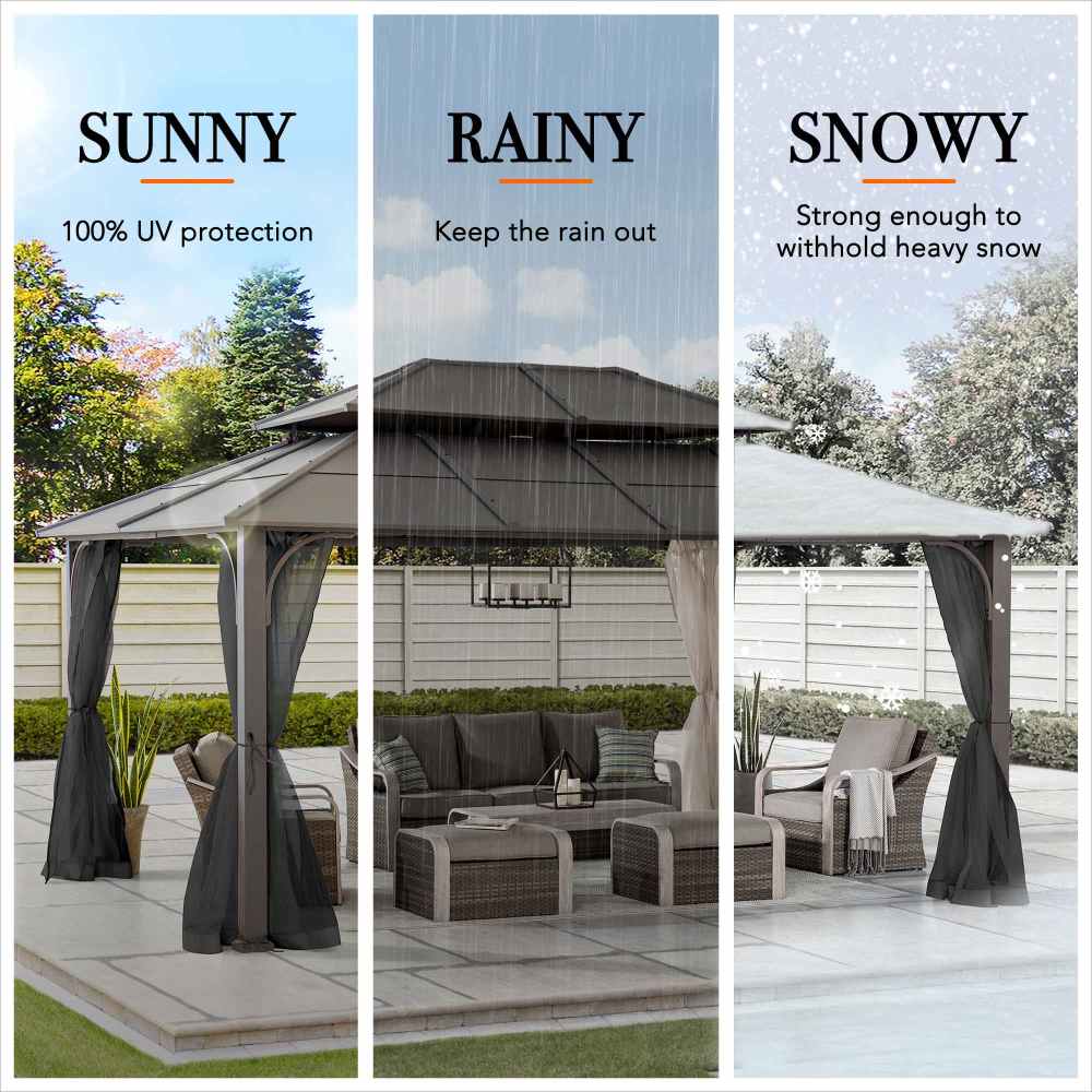 SUNJOY 12x16 Hard Top Gazebo with Steel Roof, Ceiling Hook, and Netting.