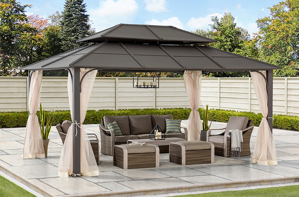 SUNJOY 12x16 Hard Top Gazebo with Steel Roof, Ceiling Hook, and Netting