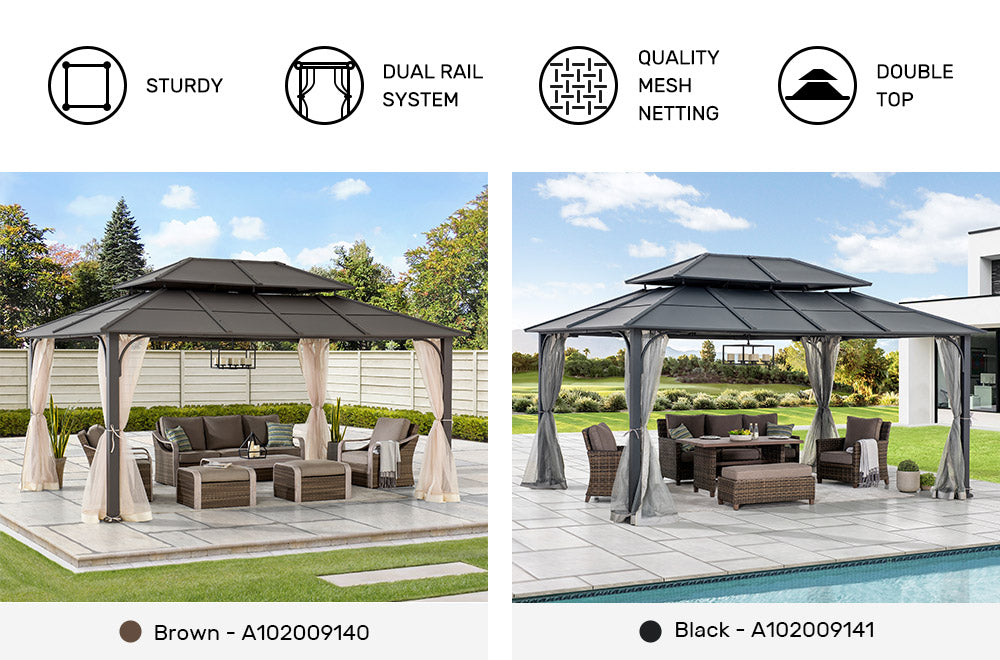 SUNJOY 12x16 Hard Top Gazebo with Steel Roof, Ceiling Hook, and Netting