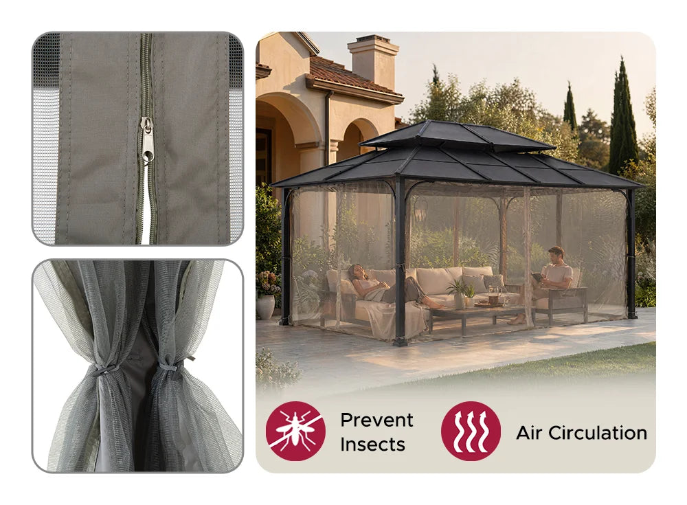 SUNJOY 12x16 Hard Top Gazebo with Steel Roof, Ceiling Hook, and Netting - Black