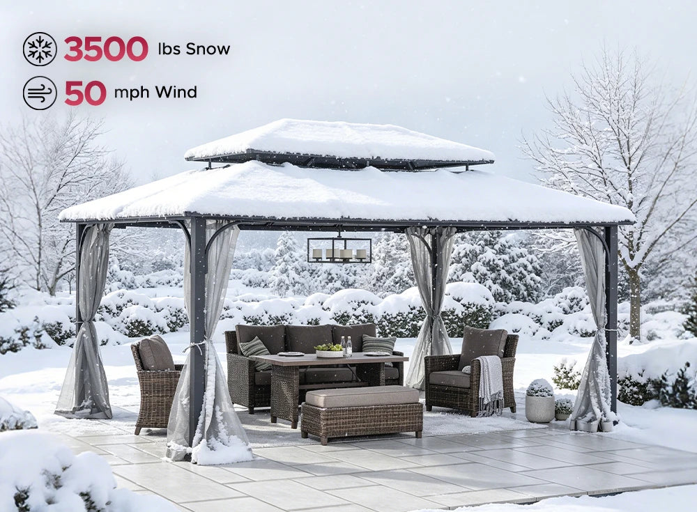 SUNJOY 12x16 Hard Top Gazebo with Steel Roof, Ceiling Hook, and Netting - Black