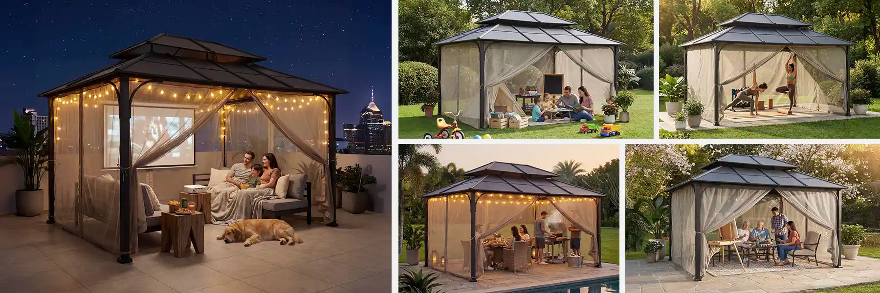 SUNJOY 12x16 Hard Top Gazebo with Steel Roof, Ceiling Hook, and Netting - Black