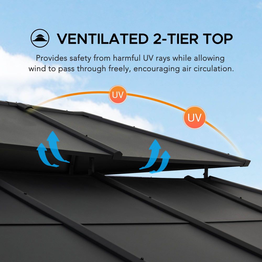 SUNJOY 12x16 Hard Top Gazebo with Steel Roof, Ceiling Hook, and Netting.